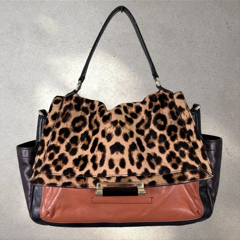 Diane von Furstenberg 440 Courier‎ Calf Hair Leopard Leather Hand Bag Purse Tote